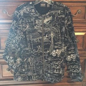 Black/white zip up lightweight jacket by Chicos